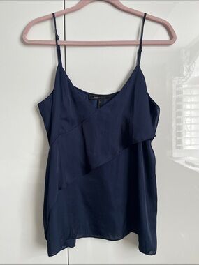 BCBGMaxAzria Satin Navy Ruffle Camisole, Size M